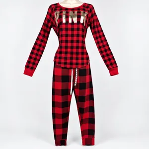 PINK Victoria's Secret Sleep Set Waffle Knit Women M Red Black Buffalo Plaid thumbnail 2