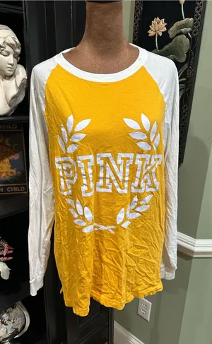 Victoria’s Secret PINK Long‑Sleeve Raglan Campus Tee – Yellow & White – Size Med thumbnail 1