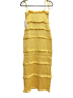 NWT Show Me‎ Your Mumu Stella Smocked MIDI Dress Yellow Luxe Satin Large thumbnail 4