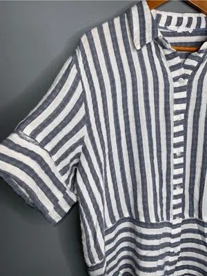 Jane and Delancey Blue and White Striped Button-Front Blouse Medium thumbnail 3