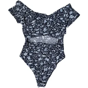 Lush Floral Off Shoulder‎ Ruffle Bodysuit XL Blueberry Cream T13052B-047 Navy thumbnail 2