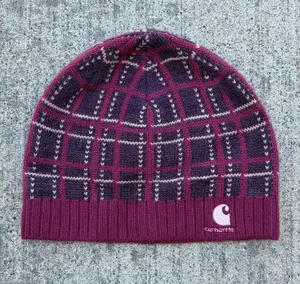 Carhartt womens maroon pink plaid beanie hat cap sweater knit thumbnail 1
