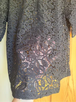 LOFT Women’s Charcoal Grey Floral Lace Mock Neck Top Blouse Short Sleeve Large thumbnail 6