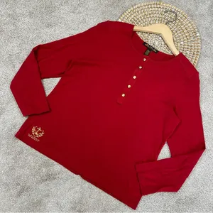 Lauren Ralph Lauren Henley Top Shirt Longsleeve Cotton Logo Embroidery in Red L thumbnail 1