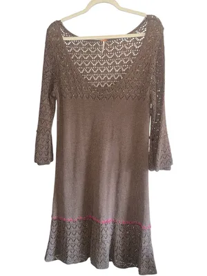 Free People Brown Crochet Knit Boho Whimsigoth Mini‎ Dress Size M thumbnail 2