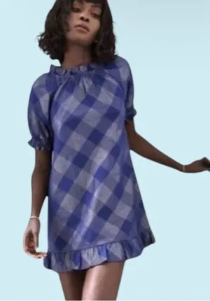 Hill House Katherine Iridescent Blue Plaid Ruffle-Hem Mini Dress — Size M thumbnail 1