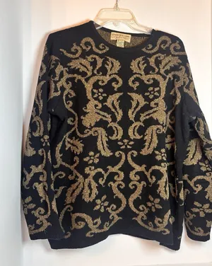 Jones New York Country Sweater L Black Gold Metallic Floral Lambswool Angora thumbnail 1