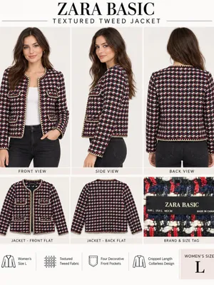 Zara Basic Tweed Bouclé Jacket Women’s L Red Black White Gold Trim Blazer thumbnail 2