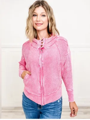 Zenana Acid Wash Cotton Waffle Hooded Zip-Up Jacket bright pink S thumbnail 2