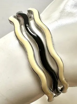 Cream and black enamel bundle of 3 wavy bangle bracelets thumbnail 1