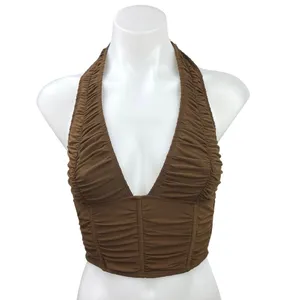 Edikted Brown y2k Sleeveless V-Neck Halter Tie Cinched Corset Crop Tank Top Sz S thumbnail 3