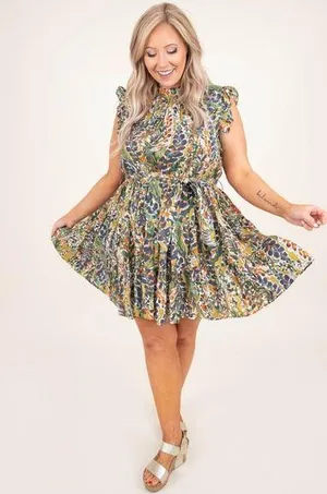 Jodifl Floral Mini Dress Sz 1X Ruffle Tiered Belted Waist Earthy Boho thumbnail 1