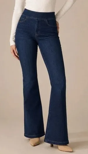 NWT Spanx Pull-On Flare Jeans Stretch Medium Tall Midnight Blue Dark Wash Retro thumbnail 1