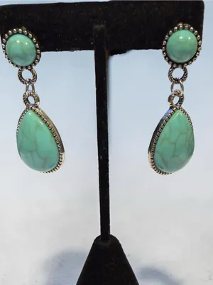 Turquoise Teardrop Dangle Earrings Boho Western Textured Silver Border Stud Blue thumbnail 2