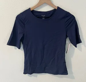 Ophelia Roe Navy Fitted Short Sleeve Double Layered Nylon‎ Crew Neck T-Shirt S thumbnail 1
