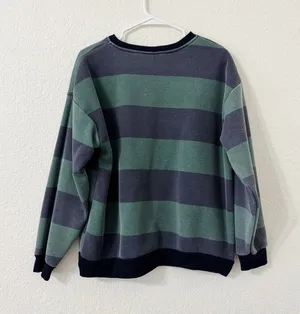 Amazon First Love Green Navy Striped Fleece Sweatshirt Pullover Large thumbnail 1