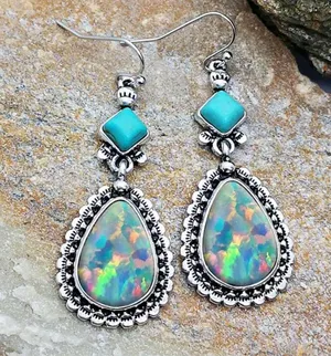Vintage Iridescent and Turquoise Bohemian Style Dangle Earrings thumbnail 1