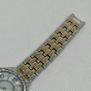 Women quartz watch gold silver tone 28mm round mop dial rhinestones running thumbnail 4