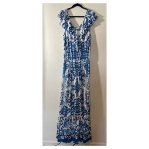 Alexia Admor Size L Blue White Majolica Mediterranean Floral Ruffle V-Neck Dress thumbnail 3