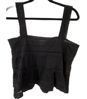 dee elly Babydoll Black Eyelet Square Neck 100% Cotton Cropped Tank Women's Sz S thumbnail 1