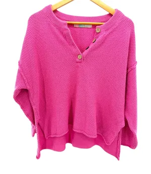 FP‎ Beach Free People Hot Pink Waffle Knit Hailee Henley Pullover Sweater XS thumbnail 1