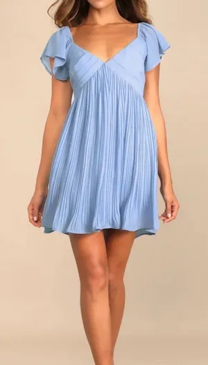 Lulu's Amalfi Coast Light Blue Pleated Flutter Sleeve Mini Dress thumbnail 1