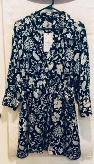 Zara Navy Blue & White Floral Mini Shirt Dress thumbnail 1