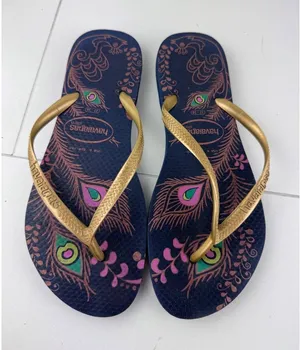 Havaianas Slim Peacock Feather‎ Flip Flops Womens Size 6 7 Navy Gold Resort thumbnail 1
