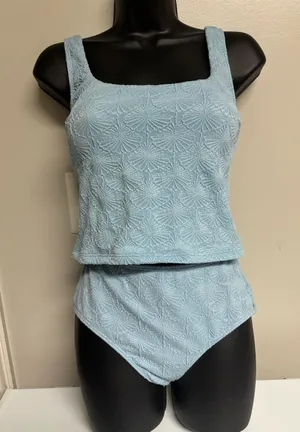 Zaful Light Blue Textured Floral Two-Piece Swimwear thumbnail 1