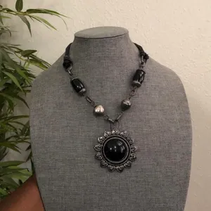 90s 2000s Y2K Gothic Whimsygoth Black silver necklace jewelry pendant charm sun celestial jewel faux onyx stone beaded metal large chunky RARE thumbnail 1