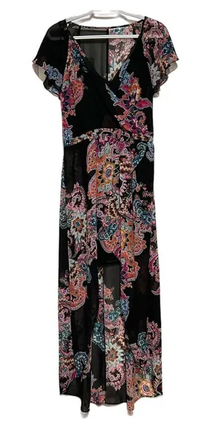 Express Women's Black Purple Teal Short‎ Sleeve High Low Dress Size M thumbnail 1