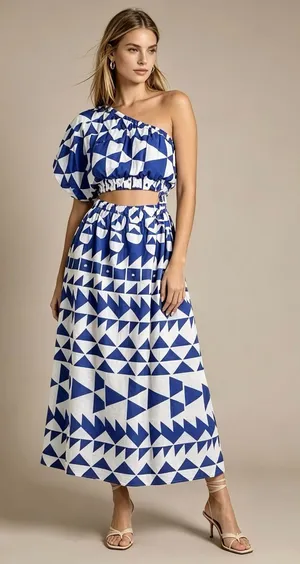 NWOT Farm Rio Linen-Blend Pitta Tiles Off-White One Shoulder Maxi Dress Size S thumbnail 1