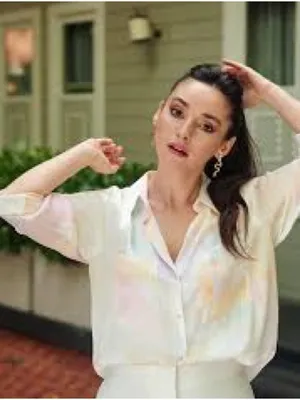 Zara Silky Pastel Watercolor-Print Button-Up Blouse Large thumbnail 2