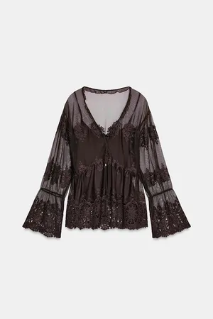 ZARA Sheer Brown Lace-Trim Peasant Bohemian Flared Sleeve Blouse Top thumbnail 7