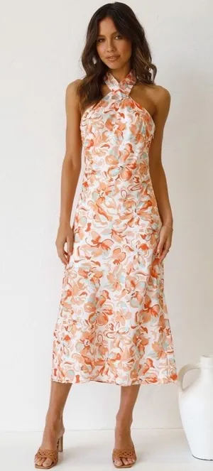 NWT All About May Orange Floral Halter‎ Midi Dress Size US 2 Vacation Open Back thumbnail 1
