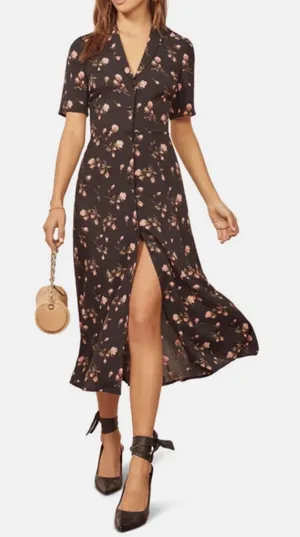 Reformation‎ Rocki Floral Print Shirtdress Women's 0 Black Rose Midi Dress thumbnail 1