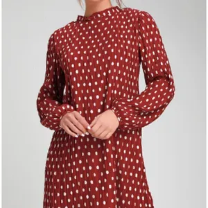 Lulus Pleat to Meet You Wine Red Polka Dot Long Sleeve Shift‎ Dress thumbnail 4