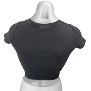 Aritzia TNA Women Black Sculpt Short Sleeve Ribbed Knit T Shirt Tee Crop Top XXS thumbnail 2