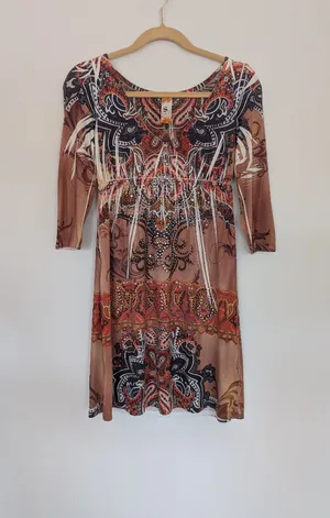 Paisley Rhinestone Embellished Boho Mini Dress Long Sleeve S thumbnail 3
