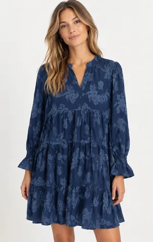 Umgee Mini Dress Womens Medium Navy Blue Floral Textured Smocked Sleeve Tiered thumbnail 1