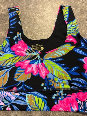 Lilly Pulitzer Black Sports Bra with Pink, Blue & Green Floral Accents thumbnail 1