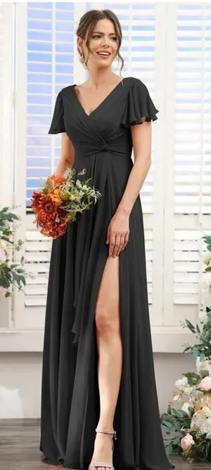 Lavetir Long Chiffon V-Neck Bridesmaid Dress Women's Size 2 Black‎ Slit Formal thumbnail 1