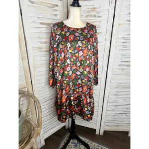 COMPANIA FANTASTICA Women's XL Satin Multicolor Floral Shift Dress Ruffle Hem thumbnail 3