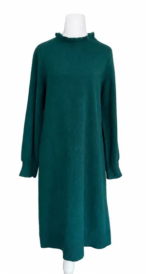 NWT J. Crew Factory Extra Soft Yarn Ruffleneck Sweater Dress Emerald Green M thumbnail 1