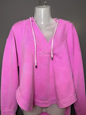 Pilcro Anthropologie Hoodie Sweatshirt Womens Medium Pink Terry V Neck High Low thumbnail 1