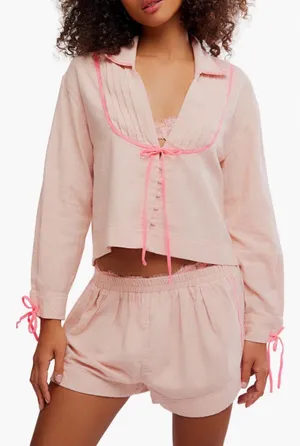 Free people close to home cotton flannel pajama set in neon peach $98 NWT. thumbnail 1