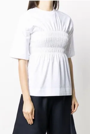 GANNI Top Shirt Women's Small Shirred Blouse Organic Cotton Jersey White #KL6-1 thumbnail 1