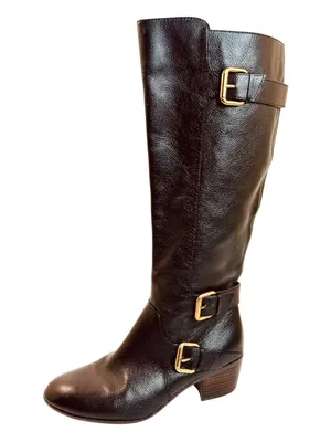 Isola Dark Brown Leather Riding Boots, Stacked Heels, Brass Buckles, size 9.5 thumbnail 3