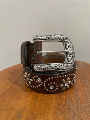 Western Ariat Womens Croc Print Studs Crystals Brown Leather Belt Style A1510602 thumbnail 3