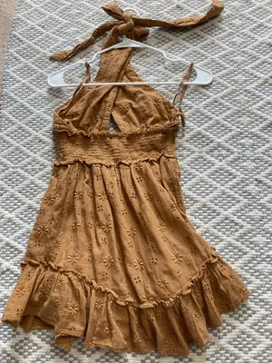 Aerie Spring Fling Cotton Smocked Crossover Halter Eyelet Mini Brown Dress XS thumbnail 3